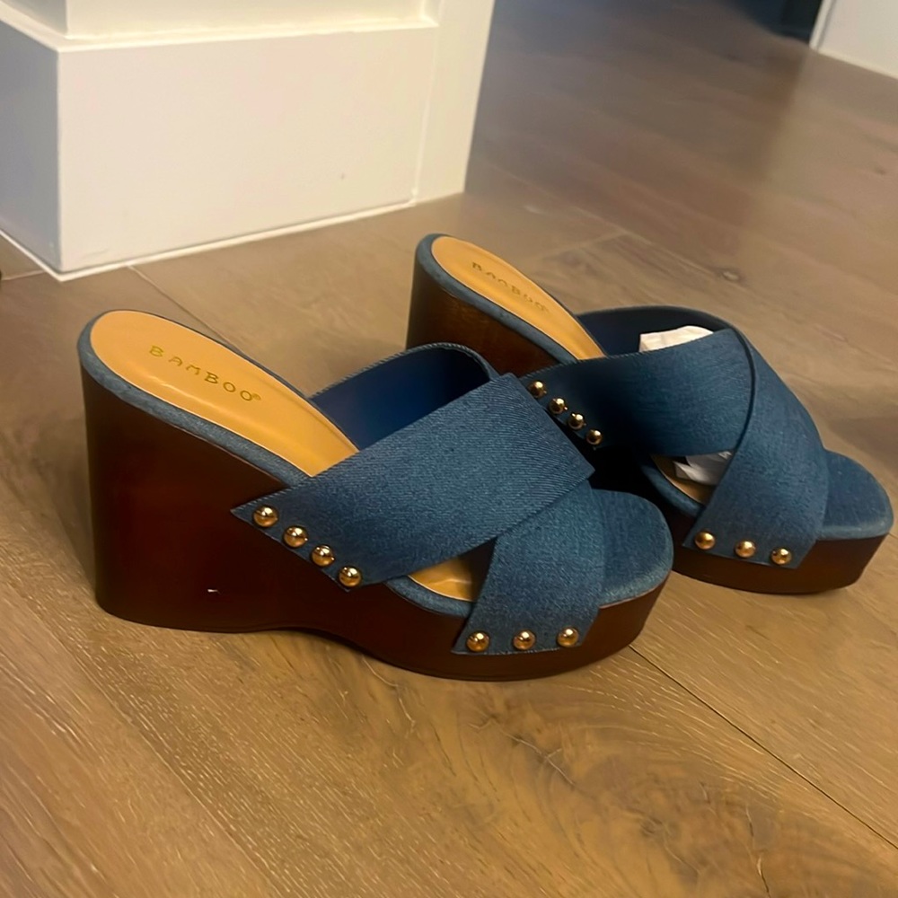 NIB Denim Bamboo Wedges